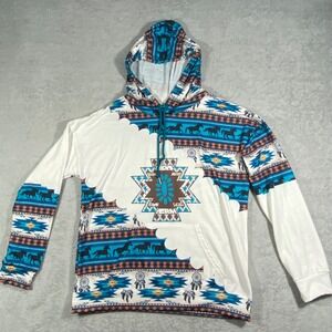 Southwestern Horse Hoodie Womens S White Blue Tribal Aztec Print Pullover